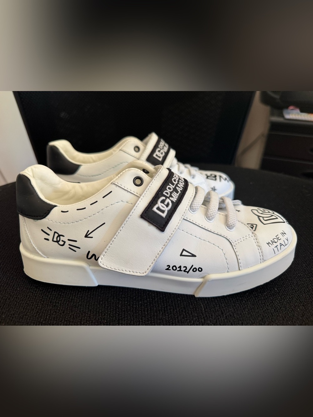 Dolce & Gabbana White and Black Kids Velcro Sneakers with Graphic Accents
